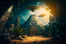 Mayan Pyramid Of Kukulcan Jungle Forest Legends About Aliens Visiting Extraterrestrial Ufo Civilizations. Generative AI