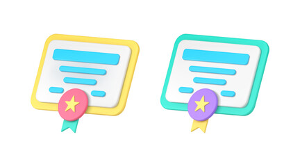 Poster - Diploma certificate achievement award with medal star ribbon graduation document 3d icon set vector