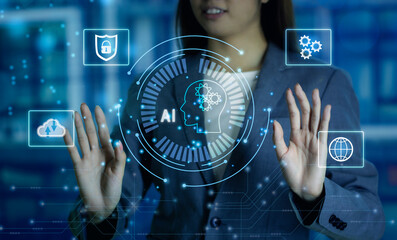 Fototapete - Businesswoman touching and control ai global big data. Artificial intelligence Machine Learning Business Internet Technology Concept.