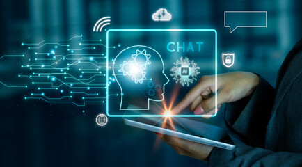 Fototapete - Ai machine learning technology. Businesswoman using tablet touching to connecting with chat ai brain big data blue blurred building background.