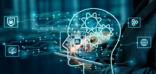 Poster - Businesswoman touching the brain working of Artificial Intelligence (AI) in the futuristic business and coding software development on interface and synchronize network connection, IoT technology.