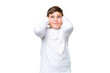 Little caucasian kid over isolated chroma key background frustrated and covering ears