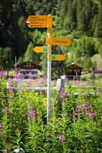 A Sign Post Pointing The Hiking Trails In The Turtmanntal, Halfway The Walkers Haute Route.
