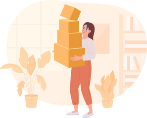 Poster - owning lot of useless stuff 2d vector isolated spot illustration. young woman holding large boxes pi