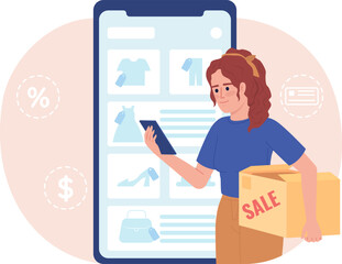 Aufkleber - Selling unwanted clothes online flat concept vector spot illustration. Editable 2D cartoon character on white for web design. Second hand creative idea for website, mobile, magazine. Oswald font used