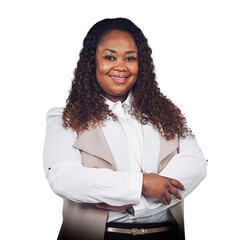 Confident, happy and relaxed business woman looking calm, composed and ready for success or with startup vision and excited for her career goal isolated on a png background.