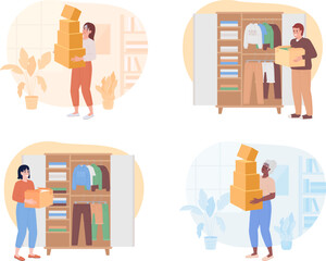 Poster - Decluttering clothes in wardrobe 2D vector isolated spot illustration set. People with cardboard boxes flat characters on cartoon background. Colorful editable scene pack for mobile, website, magazine