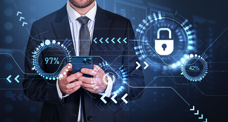 Poster - Businessman using smartphone, data statistics and cyber protecti