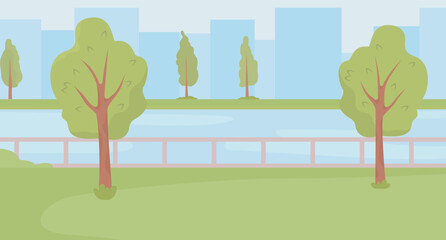 Wall Mural - Urban green space with trees and river flat color vector illustration. Walking near water. National park with waterfront. Fully editable 2D simple cartoon landscape with skyscrapers on background