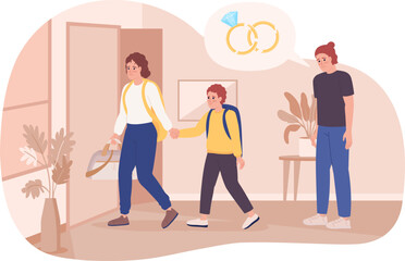 Poster - Child custody in divorce 2D vector isolated spot illustration. Mother taking unhappy son away from dad flat characters on cartoon background. Colorful editable scene for mobile, website, magazine