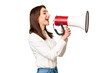 © luismolinero - Young caucasian woman over isolated chroma key background shouting through a megaphone