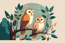 Owls In  A Tree In Flat Style Design Illustration, Colorful. Generative Ai