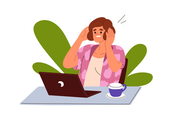 Poster - Shocked person reading bad news at computer. Stressed worried scared woman looking negative information. Anxiety and online media concept. Flat graphic vector illustration isolated on white background