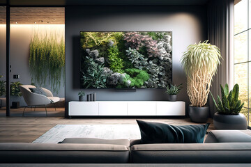 Plants and big TV screen in modern living room, luxury interior, generative AI