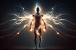 Strong man in lightning flashes, athlete silhouette with energy, generative AI
