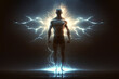 Athlete in lightning flashes, silhouette of strong man with energy, generative AI