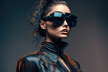 Sexy Young Woman Wearing Futuristic AR Glasses, Fashion Style, Generative AI