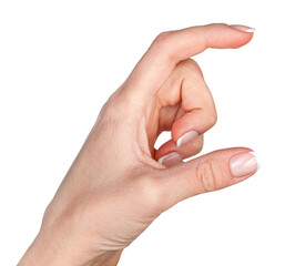 Female hand holding something with two fingers isolated. png transparent