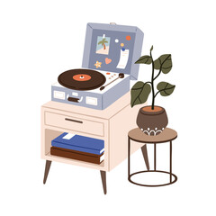 Poster - Retro-styled vinyl record player, turntable. Vintage audio gramophone for music playing, listening, books, house plant. Analog phonograph. Flat vector illustration isolated on white background