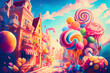 An imaginative and playful scene of a vibrant city, where everything is made of sweets and candies, generative ai illustration.