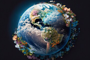 Earth is full of flowers in space. ESG. Green energy, Sustainable industry. Ecological sustainability. Environmental, Social, and Corporate Governance concept. Generative AI.