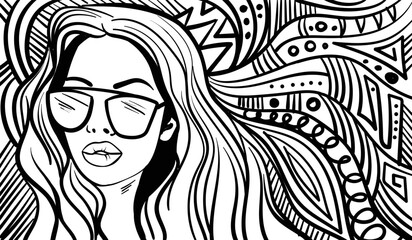 Wall Mural - Black and white psychedelic line art with the abstract woman. Doodles and lines abstract hand-drawn vector art.