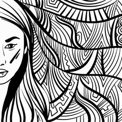 Wall Mural - Black and white psychedelic line art with the abstract woman. Doodles and lines abstract hand-drawn vector art.