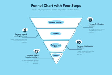 Leinwandbilder - Funnel chart template with four steps - blue version. Creative diagram divided into four steps with minimalistic icons.