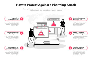 Leinwandbilder - Simple infographic template for how to protect against a pharming attack. 6 stages template with a laptop and two hackers with several browser windows.