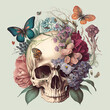 A human skull with florals and butterlies. Anatomical vintage illustration. (Generative AI)