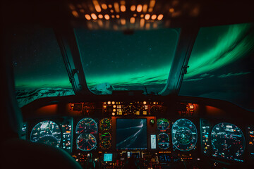 Poster - Northern Lights Aurora Borealis green with passenger plane flying above the clouds. Amazing magical natural phenomenon. Cockpit aircraft, night. Generative AI.