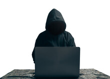 Anonymous Young Man Hacker Sitting Playing Laptop With Lots Of Money Lying Around.Concept Massive Financial Theft Transparent Background. Png.file