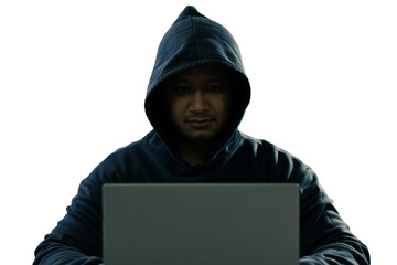 Wall Mural - anonymous young man hacker sitting playing laptop with lots of money lying around.Concept Massive financial theft transparent background. png.file