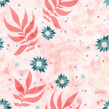 Seamless Pattern With Floral Ornament. Green Flowers And Pink Leaves. Imitation Of Watercolor. Design For A Card, Invitation, Packaging, Wallpaper Or Scrapbooking Decoration. 