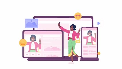 Poster - animated cross-platform influencer. female blogger sharing selfie on social media 2d cartoon flat ch