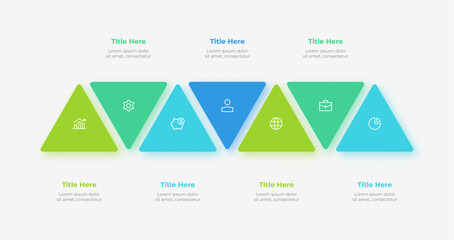 Seven triangles arranged in a row. Infographic elements. Timeline business development process