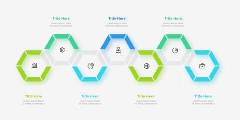 Seven hexagons arranged in a row. Infographic elements. Timeline business development process