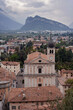 Riva del Garda aerial panoramic view from Arco Castle. Riva is a town at the northern tip of the Lake Garda, Trentino Alto Adige region in Italy. Europe tourism