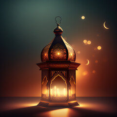 ramadan kareem with serene mosque and lantern, crescent moon serene evening background with beautifu