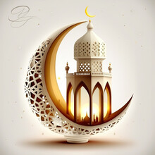 Ramadan Kareem With Serene Mosque And Lantern, Crescent Moon Serene Evening Background With Beautiful Glowing Lantern.