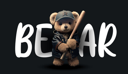 Sticker - Cute teddy bear in leather jacket holding baseball bat. Funny charming illustration of a teddy bear on a black background. Print for your clothes or postcards. Vector illustration