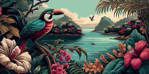 Tropical summer paradise scene landscape with river, ocean, sea, leaves and plants. flowers and birds. Generative AI