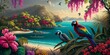 Tropical summer paradise scene landscape with river, ocean, sea, leaves and plants. flowers and birds. Generative AI