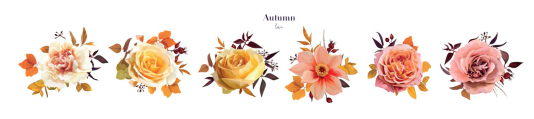 Wall Mural - Vector fall bouquet. Autumn flowers set. Yellow, orange, pink rose, carnation, dahlia, eucalyptus branches floral editable illustration. Wedding invite, thanksgiving watercolor style designer elements