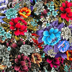 Poster - Computer graphics of abstract floral psychedelic background stylization of colored chaotic stickers in the form of leaves