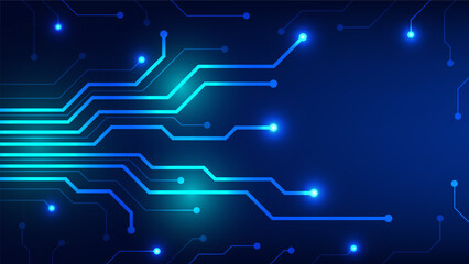 Hi tech digital circuit board. AI pad and electrical lines connected on blue lighting background. futuristic technology design element concept