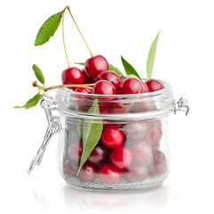 Wall Mural - one glass jar with cherries on a white isolated background