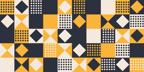 Wall Mural - Orange seamless tile with rhombuses and dots. Print for notebooks, pillows, fabrics, packaging, wallpaper. Vector seamless squared tile.