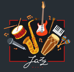 Canvas Print - Jazz music band poster different instruments vector flat illustration on dark, live sound festival or concert advertising flyer or banner, play different instruments orchestra.