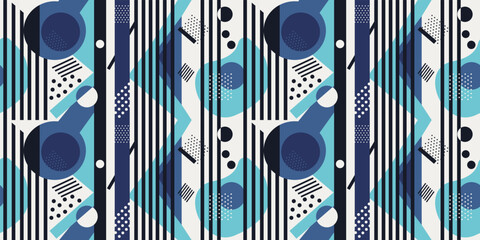 Wall Mural - Blue seamless abstraction of geometric shapes and black stripes. Print for notebooks, pillows, fabrics, packaging, wallpaper.